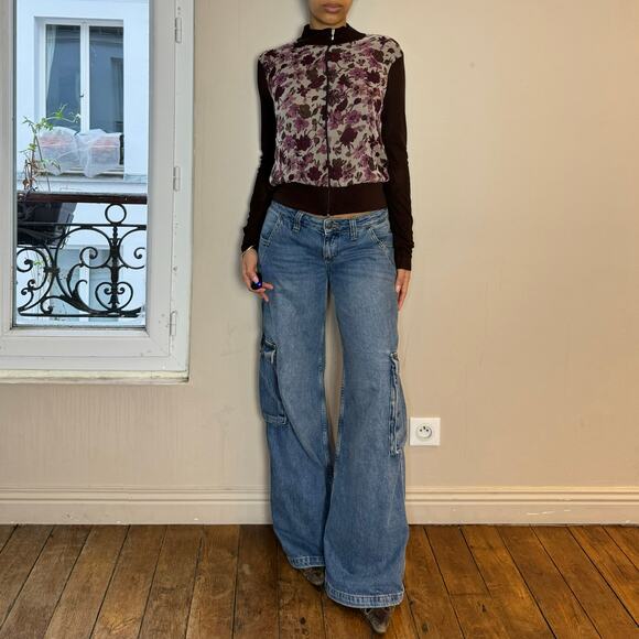 Vintage 00s Romcom Floral mesh zip front long sleeve top (S/M) - Picture 6 of 10